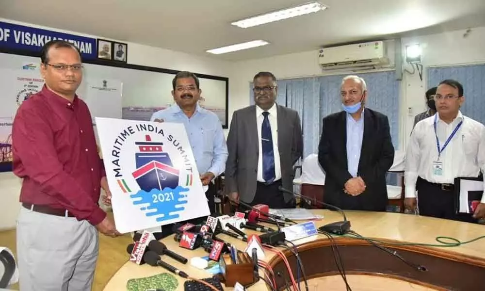 Chairman of Visakhapatnam Port Trust K.Rama Mohana Rao launching the MIS-2021 logo at VPT in Visakhapatnam
