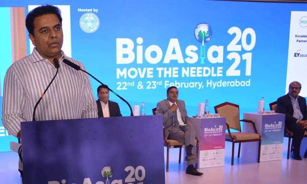 IT Minister K T Rama Rao addressing BioAsia 2021 in Hyderabad on Monday