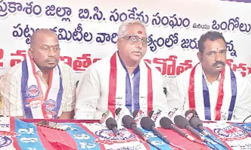 BC Sankshema Sangham president Kesana Sankara Rao addressing a press meet in Ongole on Monday
