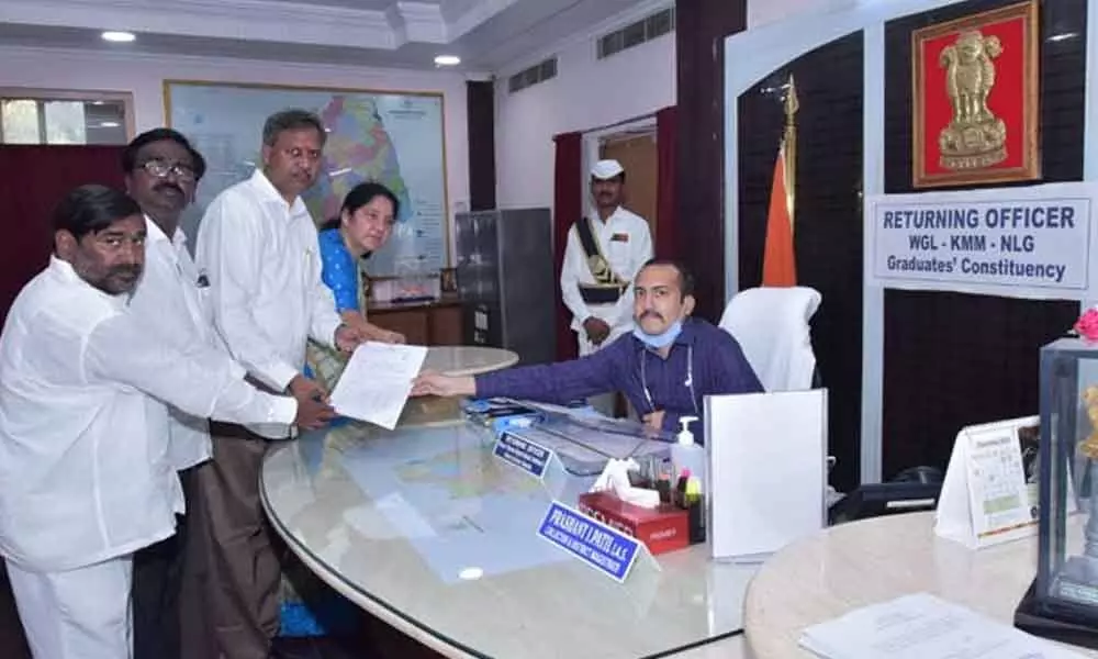 TRS MLC nominee for Nalgonda-Khammam-Warangal Graduate constituency Palla Rajeshwar Reddy submitting his nomination papers to Election Returning Officer