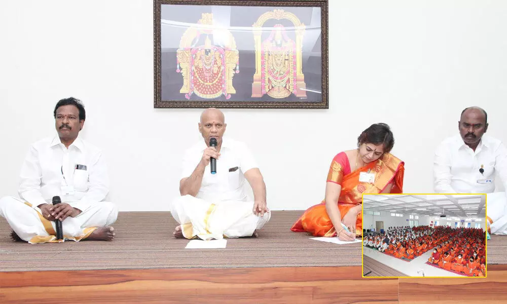TTD Additional EO A V Dharma Reddy addressing Srivari Sevaks at Tirumala on Tuesday