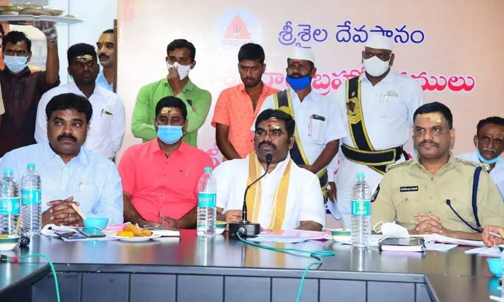 District Collector G Veera Pandiyan holding a review meeting with officials on Sivarathri Brahmotsavams at Srisailam temple on Tuesday