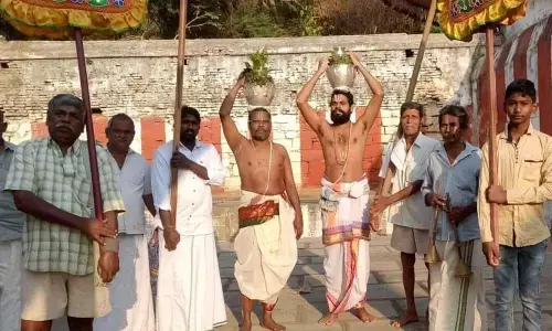 Priests of Lakshmi Narasimha Swamy temple carrying Tirdham pots to the temple in Korukonda on Tuesday