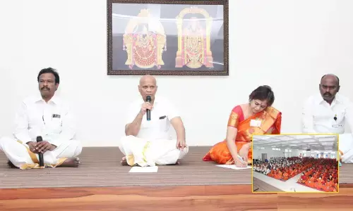 TTD Additional EO A V Dharma Reddy addressing Srivari Sevaks at Tirumala on Tuesday