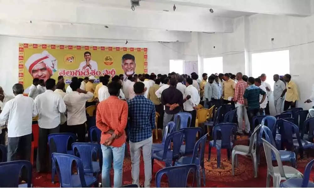TDP workers protesting at the attitude of local leaders at a meeting in Kuppam on Tuesday night