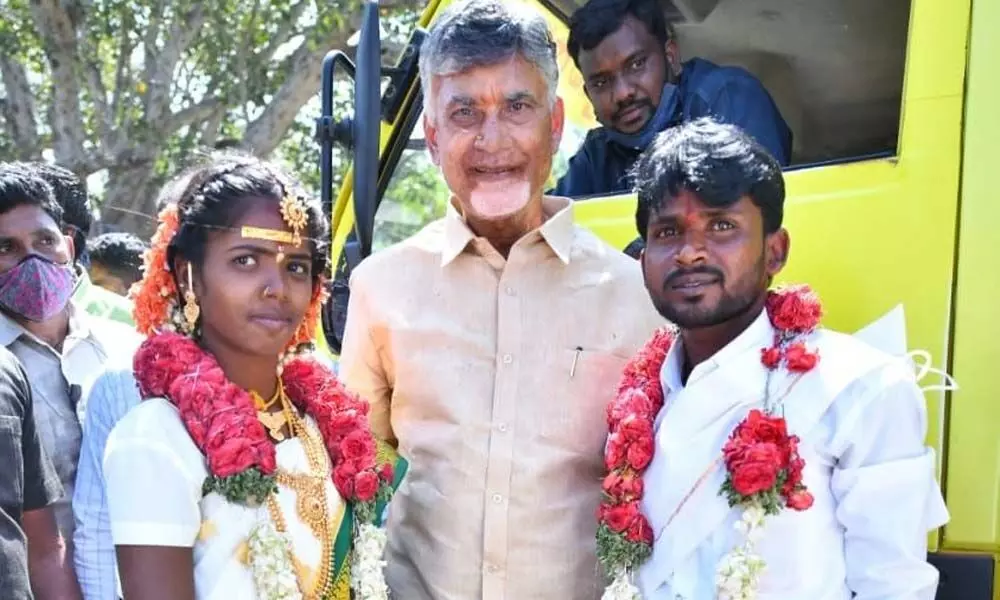TDP chief N Chandrababu Naidu blessing the newly-wed couple during his visit to Kuppam on Thursday
