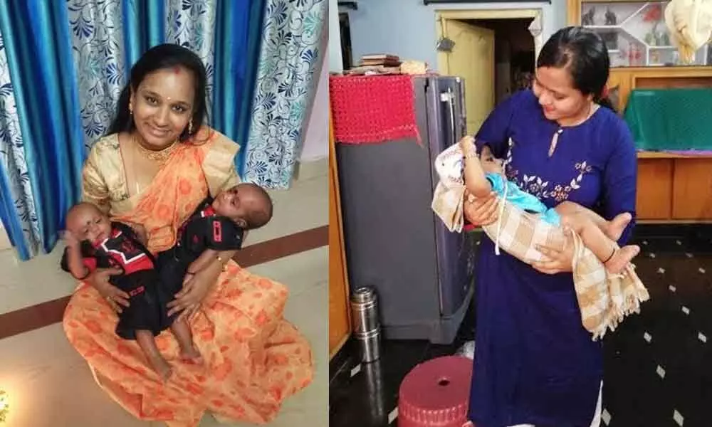 (N Nirupama with her twins in Visakhapatnam, P Deepthi Lavanya with her newborn in Visakhapatnam)