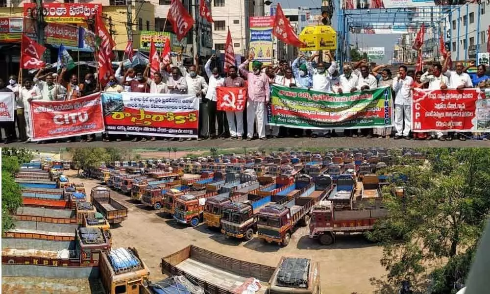 Agitators participating in Rasta Roko in Ongole on Friday (Top)