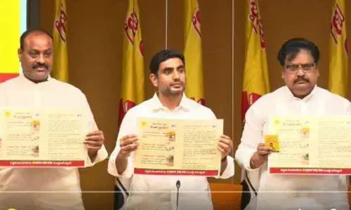 TDP national general secretary Nara Lokesh along with AP unit chief K Atchannaidu and politburo member Varla Ramaiah releases party manifesto for municipal elections