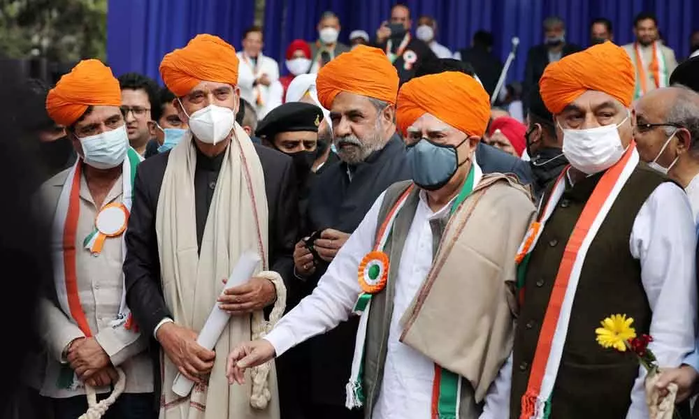 Congress leaders Ghulam Nabi Azad, Anand Sharma, Kapil Sibal, Bhupinder Singh Hooda and Raj Babbar during a Shanti Sammelan event in Jammu on Saturday