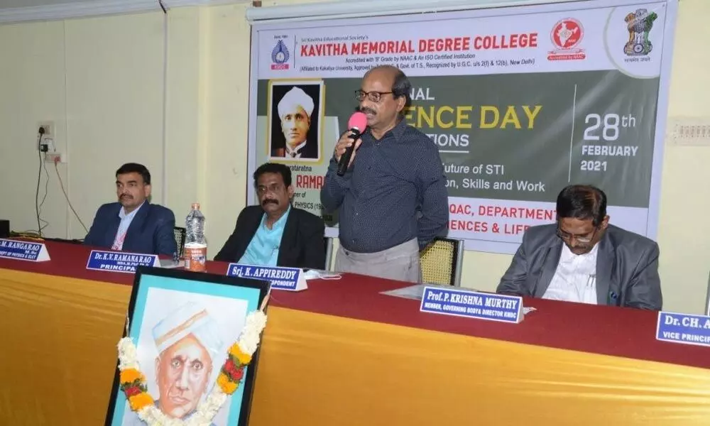 Kavitha Memorial Degree and PG College secretary Kota Appi Reddy addressing the students during the National Science Day celebrations in Khammam on Sunday
