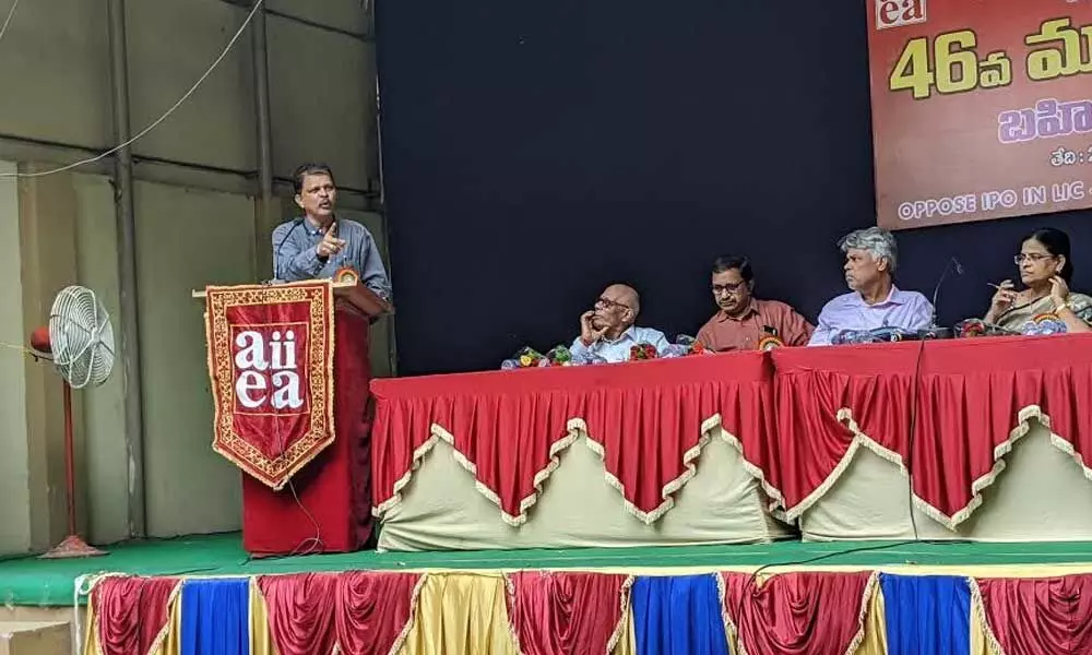 A member of Insurance Corporation Employees’ Union, SCZIEF and AIIEA speaking at the inaugural session of the 46th general conference of Insurance Corporation Employees’ Union (ICEU), Visakhapatnam Division on Sunday