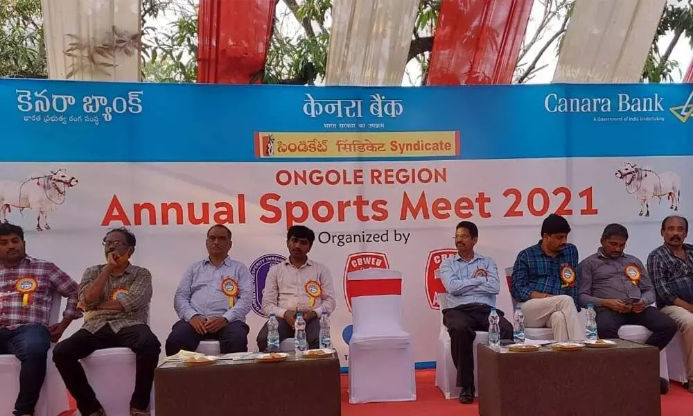 Canara Bank officials holding a meeting to mark annual Sports Day
