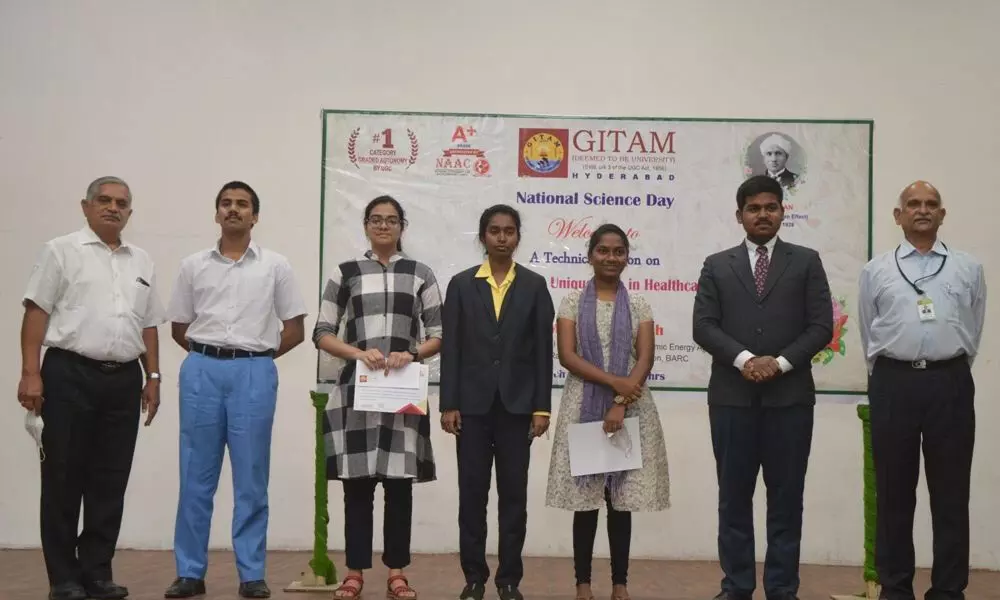 Winners in the essay competition held to mark the Science Day at GITAM University