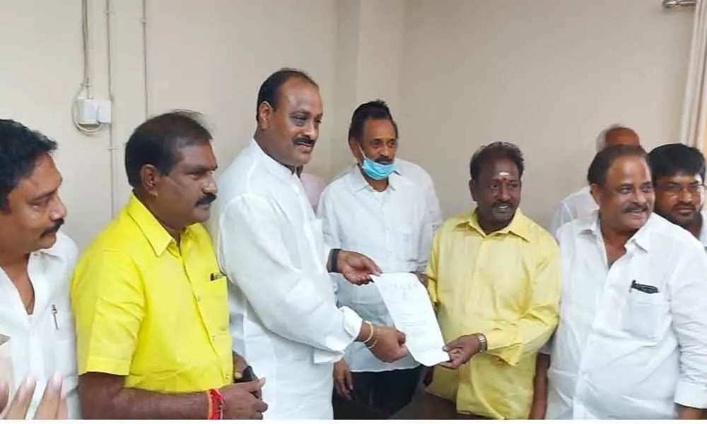 TDP State president K Atchannaidu on Monday handing over a letter to Peela Srinivasa Rao, declaring the latter as the party’s Mayoral candidate for the ensuing polls to the Greater Visakhapatnam Municipal Corporation (GVMC)
