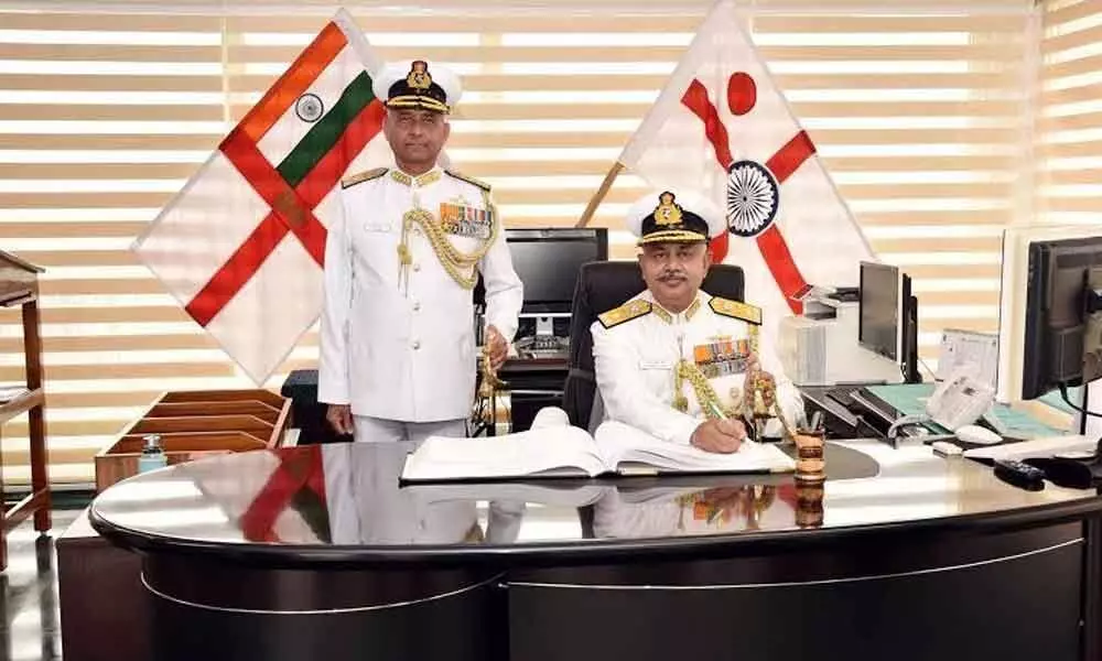 Vice-Admiral A B Singh taking over as the Flag Officer Commanding-in-Chief from Vice-Admiral Atul Kumar Jain at ENC Visakhapatnam on Monday