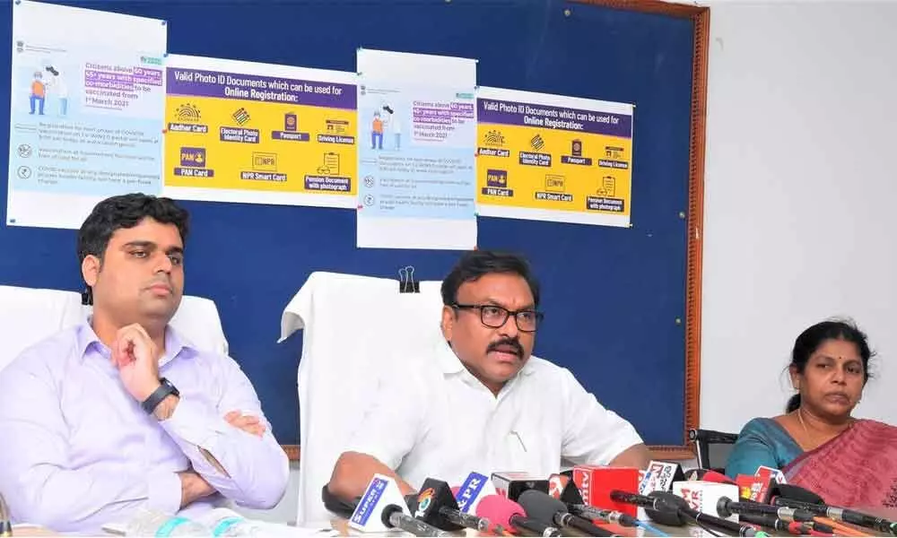 Collector Dr Pola Bhaskara explaining the details of the third phase of Covid-19 vaccination in a press meet at Ongole on Monday