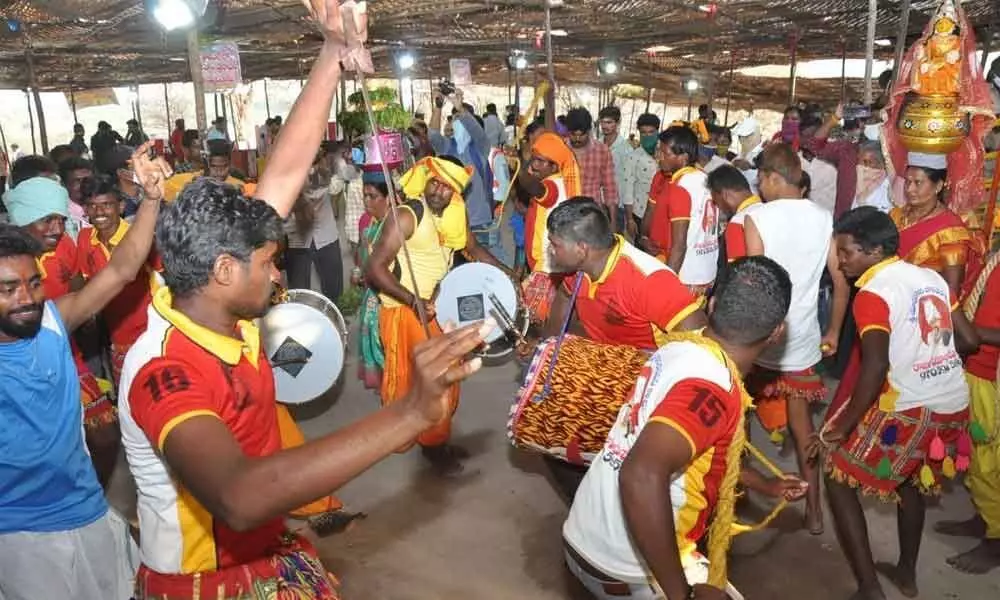 Devotees dancing during Lingamanthula jatara in Durajpally on Monday