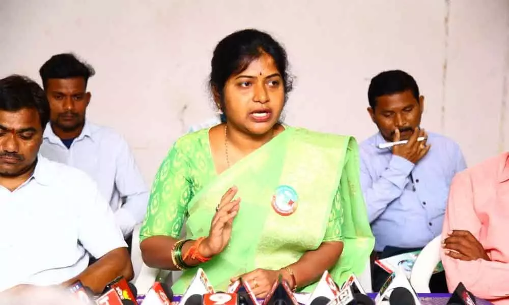 YTP working president and MLC candidate Rani Rudrama Reddy speaking to the media in Bhadrachalam on Monday