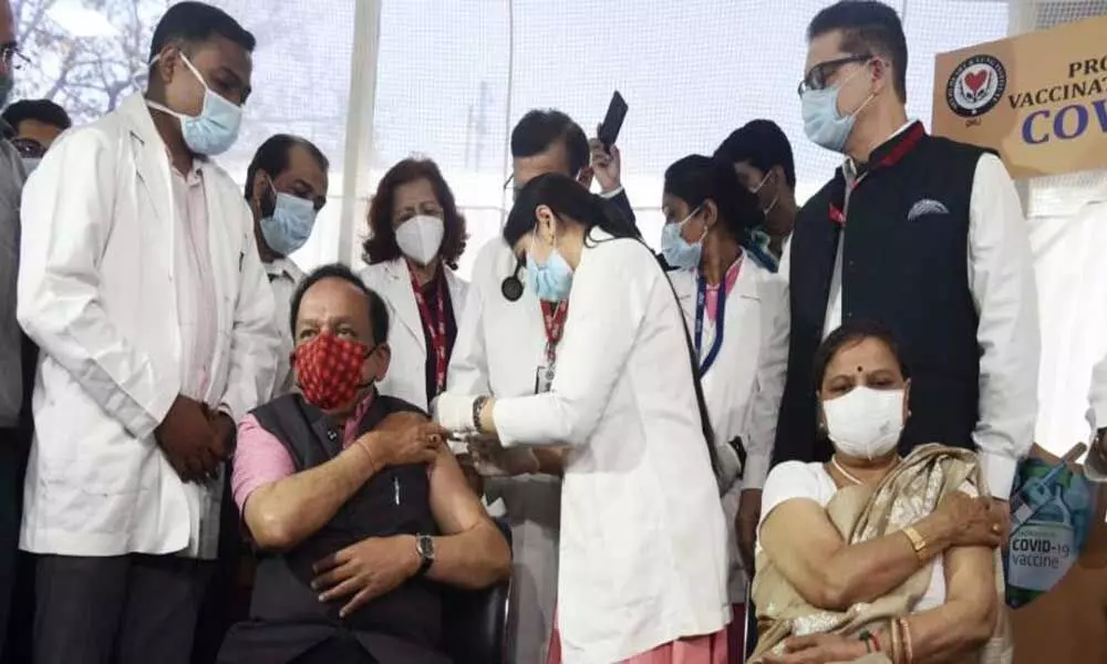 Union Health Minister Dr Harsh Vardhan on Tuesday took the first dose of COVID-19 vaccine at Delhi Heart and Lung Institute here.