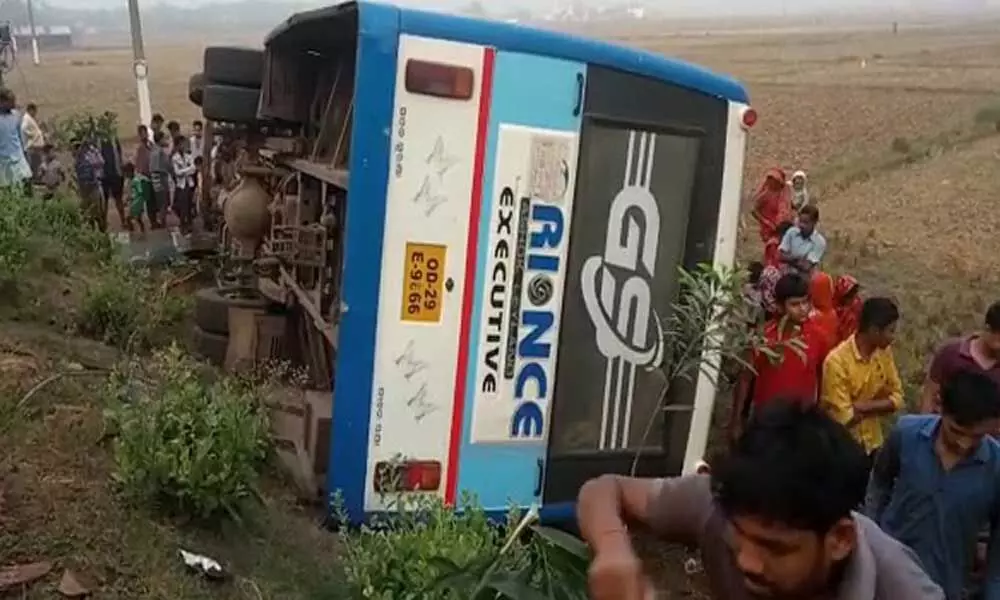 Twenty passengers were injured, four of them seriously, when a bus overturned in Odishas Kendrapara district on Tuesday, police said.