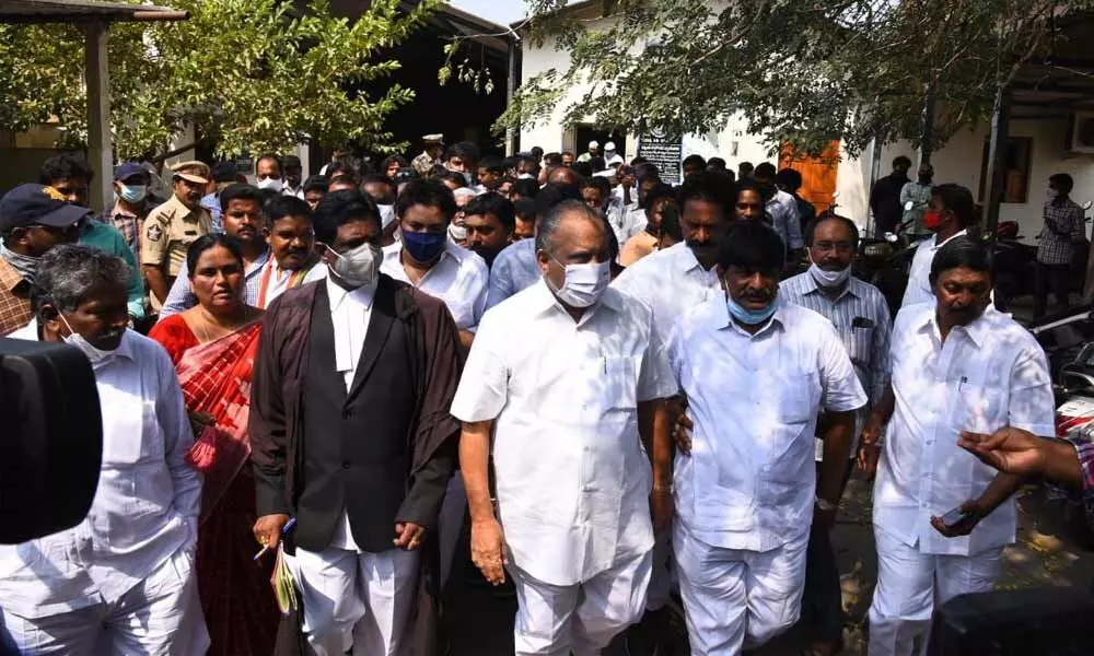 Kapunadu leader Mudragada Padmanabham and 38 other Kapu leaders attend the railway court in Vijayawada on Tuesday