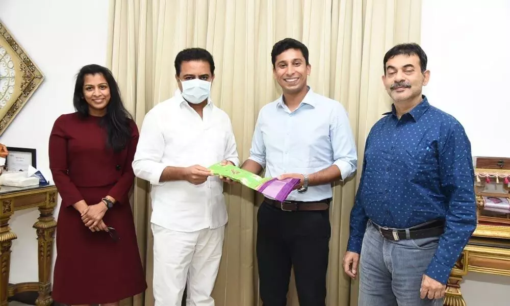 Minister for IT and Municipal Administration KT Rama Rao presenting  a memento to Vidit Aatrey, Founder and CEO of Meesho after signing the MoU, flanked by Deepthi Ravula, CEO of WE Hub and Jayesh Ranjan.