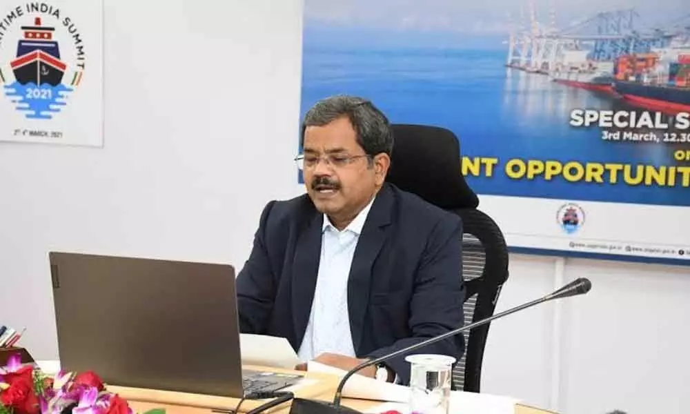 Visakhapatnam Port Trust Chairman K Rama Mohana Rao speaking  at the virtual Maritime India Summit–2021 in Visakhapatnam on Wednesday