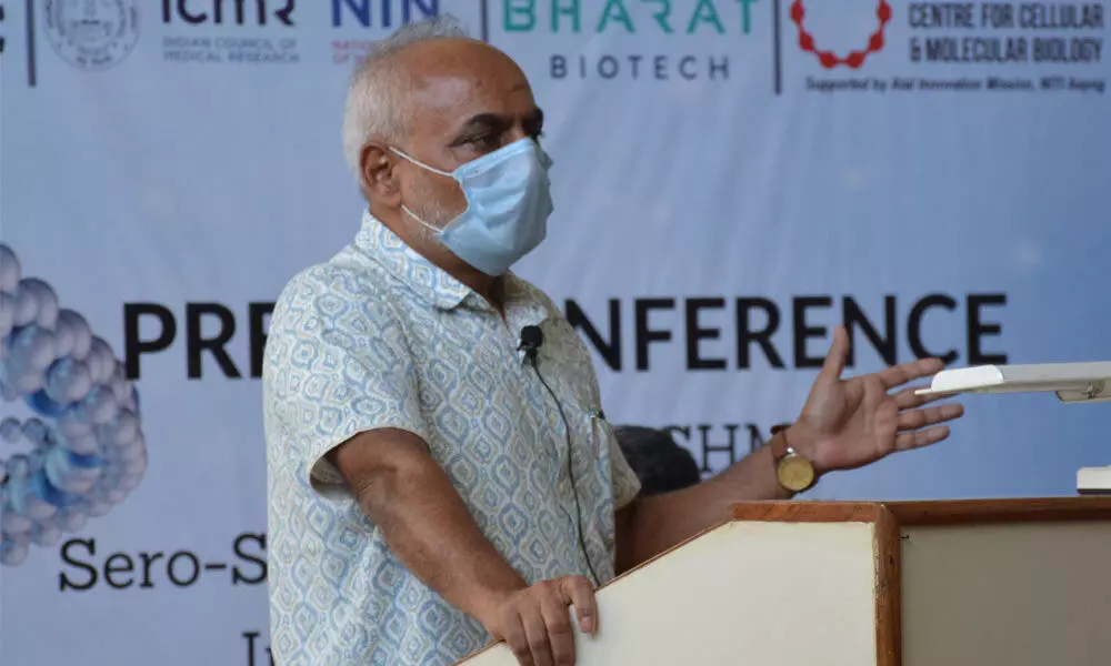CCMB Director Dr Rakesh Mishra addressing the media on antibodies against corona virus in Hyderabad on Thursday