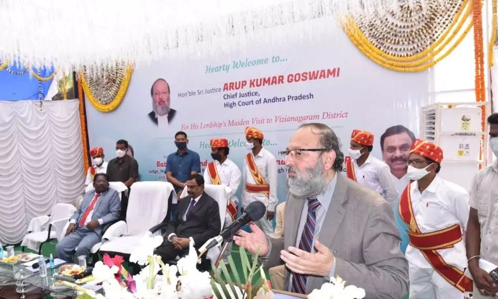 Chief Justice of AP High Court Justice Arup Kumar Goswami addressing a meeting in Vizianagaram  on Saturday