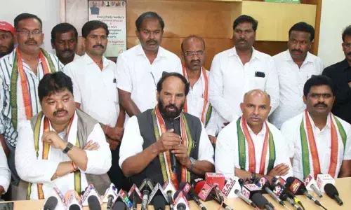 TPCC chief  and Naglonda MP N Uttam Kumar Reddy along with party MLC candidate Ramulu Naik addressing the media  in Nalgonda on Saturday
