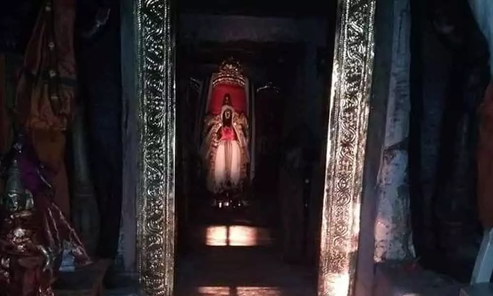 Sunrays touching the idol of Bhavanarayana Swamy at Peda Ganjam on Sunday morning