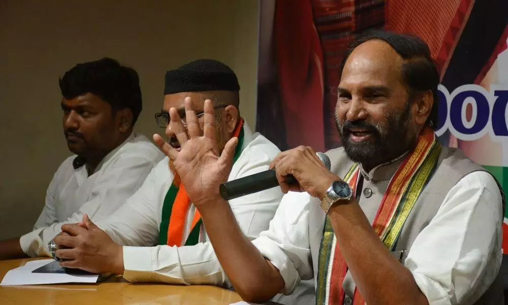 TPCC president N Uttam Kumar Reddy addressing a press conference at Gandhi Bhavan in Hyderabad on Monday