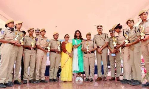 On the occasion of  International Women’s Day on Monday, women police officials celebrated at CAR Headquarters, Petlaburj, Hyderabad.