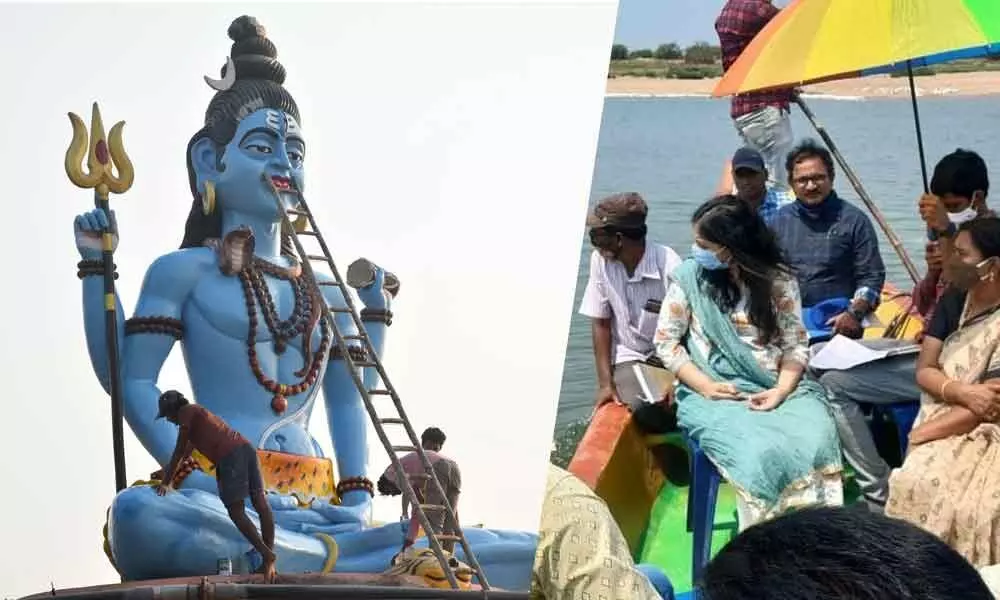 Corporation officials illuminating Lord Siva statue at Kotilingala Ghat in Rajamahendravaram on Tuesday for Maha Sivaratri(Right);Sub-Collector Anupama Anjali inspecting water level in River Godavari for Maha Sivaratri holy dip (Left)