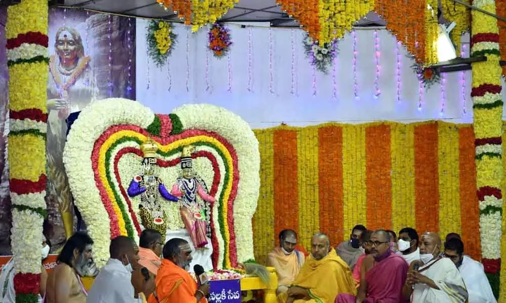 The presiding deity being taken out in a procession in Pushpa Pallaki in Srisailam on Tuesday as  a part of Sivaratri Brahmotsavams