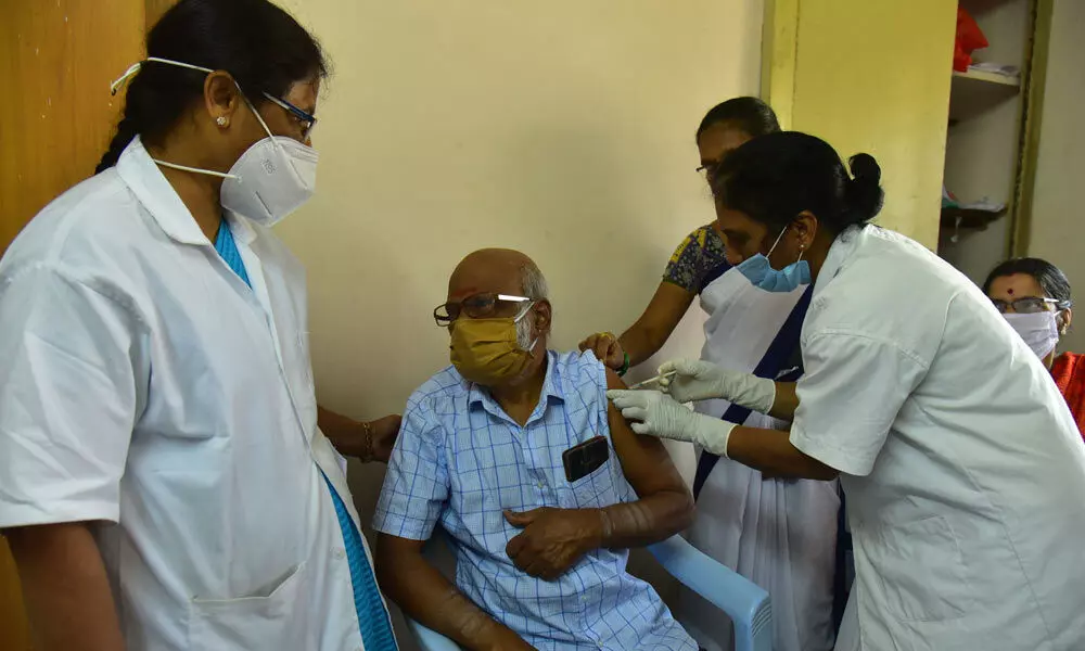 Covid-19 vaccine drive for people above 60 years conducted at Gandhi Hospital on Tuesday.  	-Photo: Adula Krishna