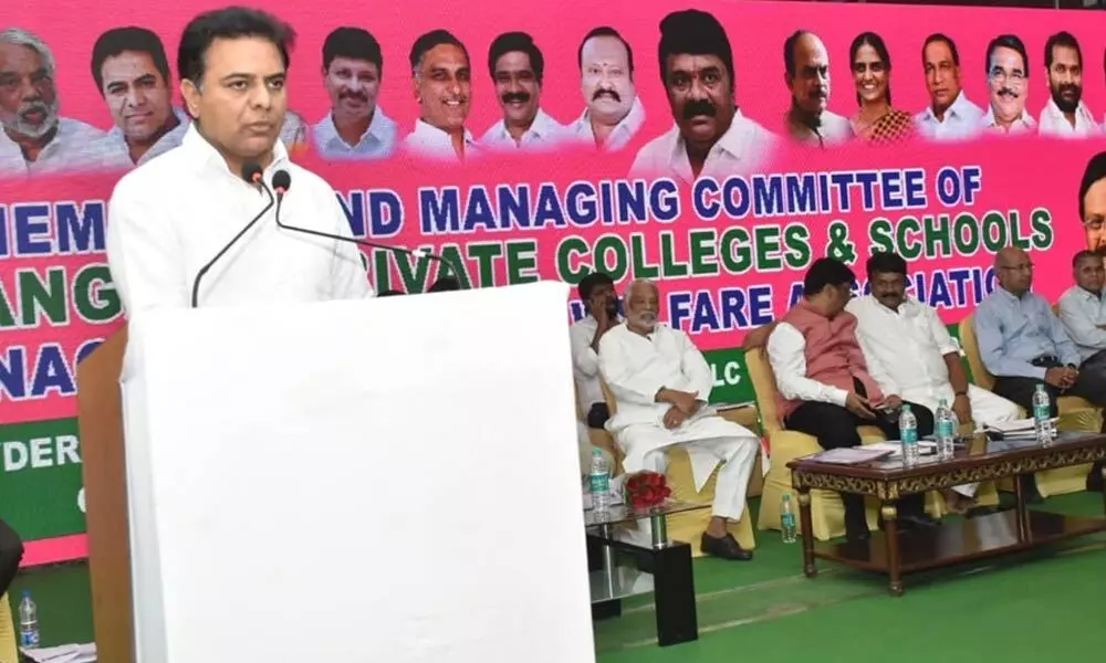 IT Minister K T Rama Rao at a meeting in Secunderabad on Tuesday. Photo: Adula Krishna