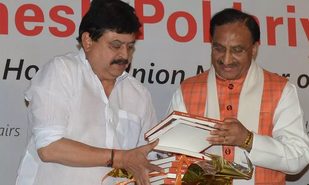 Union Minister of Education Dr Ramesh Pokhriyal Nishank releases a book of N Ramachandra Rao, the BJP MLC candidate, during a talk on ‘Fast-tracking change towards building a Resurgent India: Role of Intellectuals’ at a meeting of Association of Professional College Managements in the city on Tuesday. 	Photo: Ch Prabhu Das