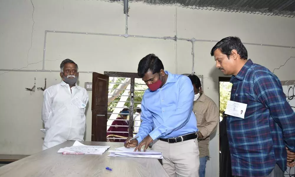 Collector Gandham Chandrudu inspecting a polling booth in Tadipatri on Wednesday
