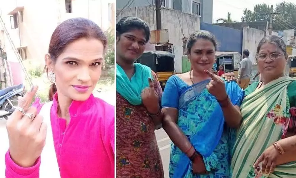Transgenders flaunting their inked fingers after casting votes in civic polls.