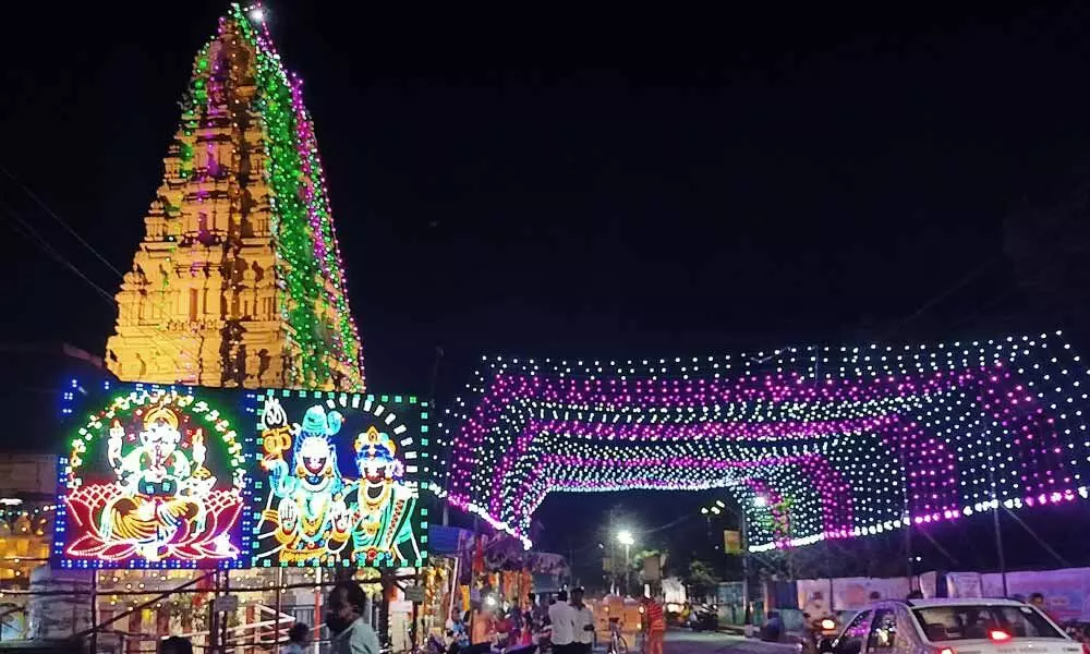 Markandeya temple decorated with lighting on the occasion of Maha Sivaratri