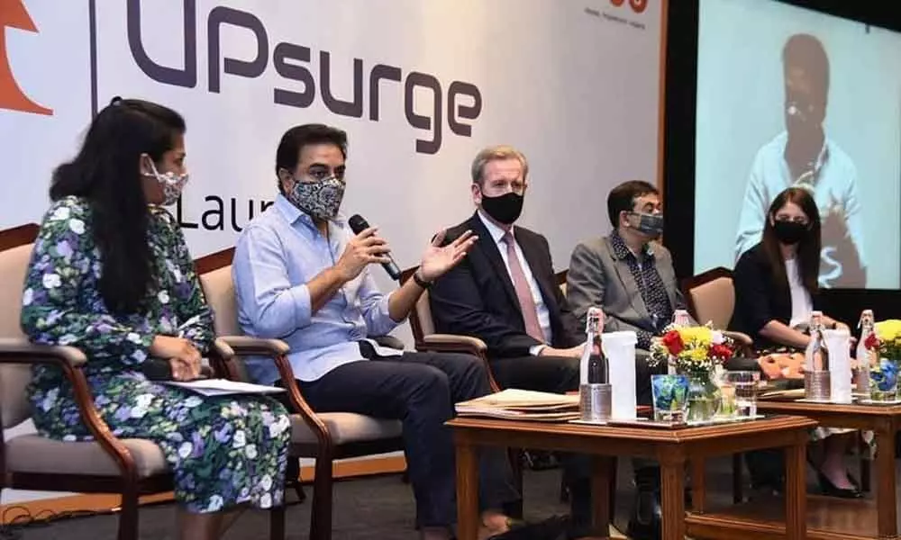 Industries Minister KT Rama Rao addressing ‘UPSurge’, a joint programme by WE-Hub and the Australian government. The collaboration aims to support 240 women entrepreneurs across the country with 30 aspiring entrepreneurs per cohort.  Barry O’Farrell AO, the High Commissioner of Australia to India, Sarah Kirlew, Consul General of Australia to South India, Principal Secretary (Industries) Jayesh Ranjan and WE Hub CEO Deepthi Ravula are also seen.