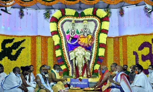 Authorities of Srisailam temple organising Gaja Vahana Seva to the presiding deities Sri Brahmarambika Mallikarjuna Swamy as part of Sivaratri Brahmotsavam on Wednesday