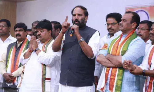TPCC chief N Uttam Kumar Reddy speaking at a campaign meeting in Nalgonda on Wednesday
