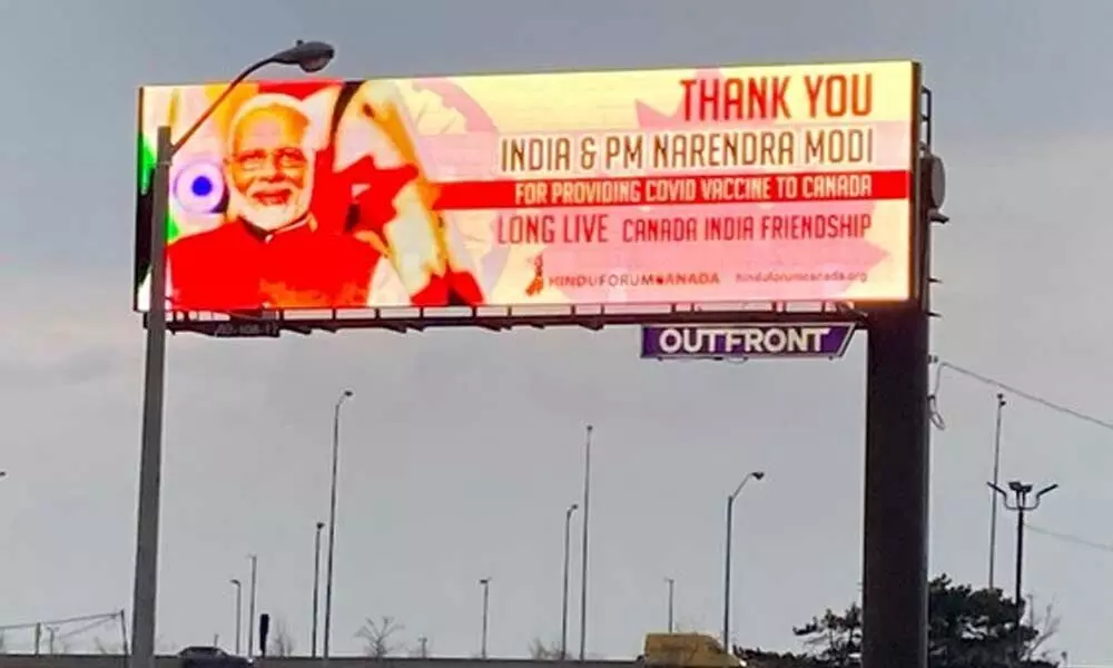 Billboard in the Greater Toronto area thanking Prime Minister Narendra Modi for providing COVID-19 vaccines to Canada.