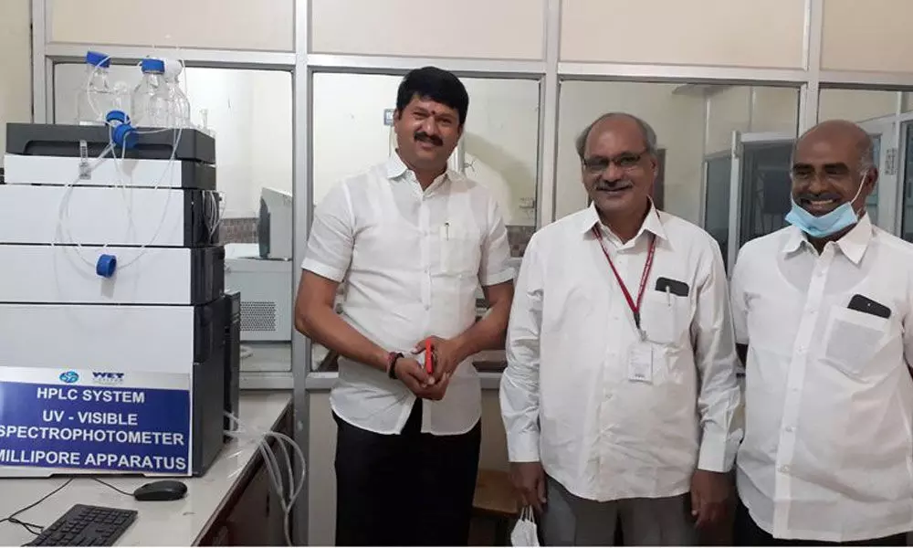 Undi MLA Mantena Ramaraju visiting WET Centre of the SRKR Engineering College. Principal Dr M Jagapatiraju and R&D Dean Dr PA Ramakrishnam Raju also seen