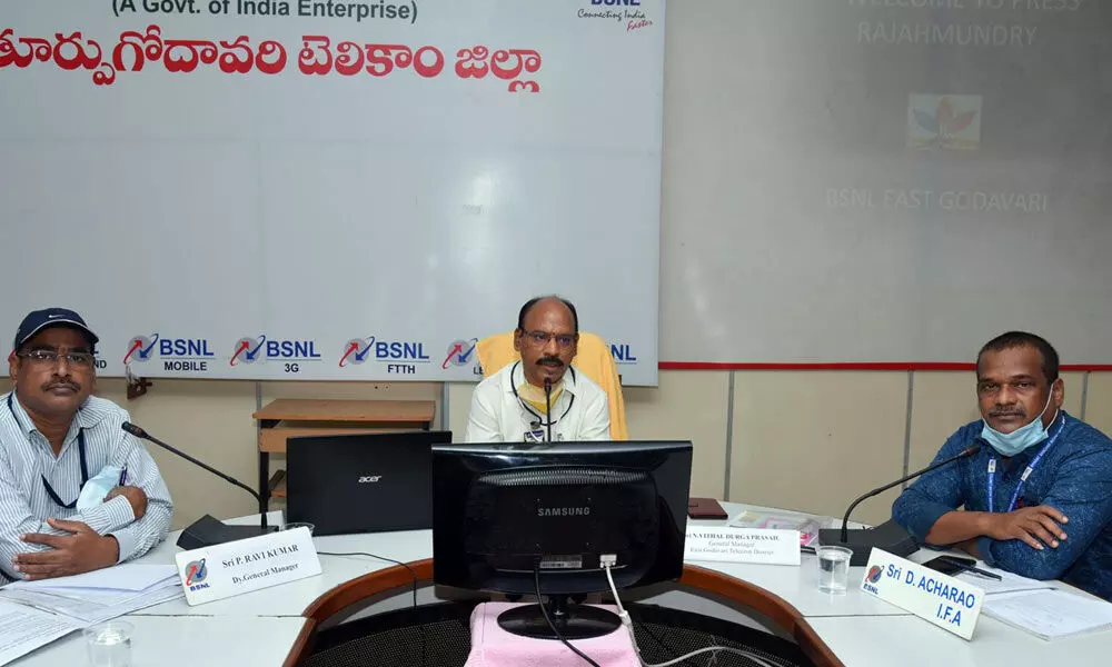 BSNL General Manager M Vittal Durga Prasad addressing media at Sanchar Bhavan in Rajamahendravaram on Friday