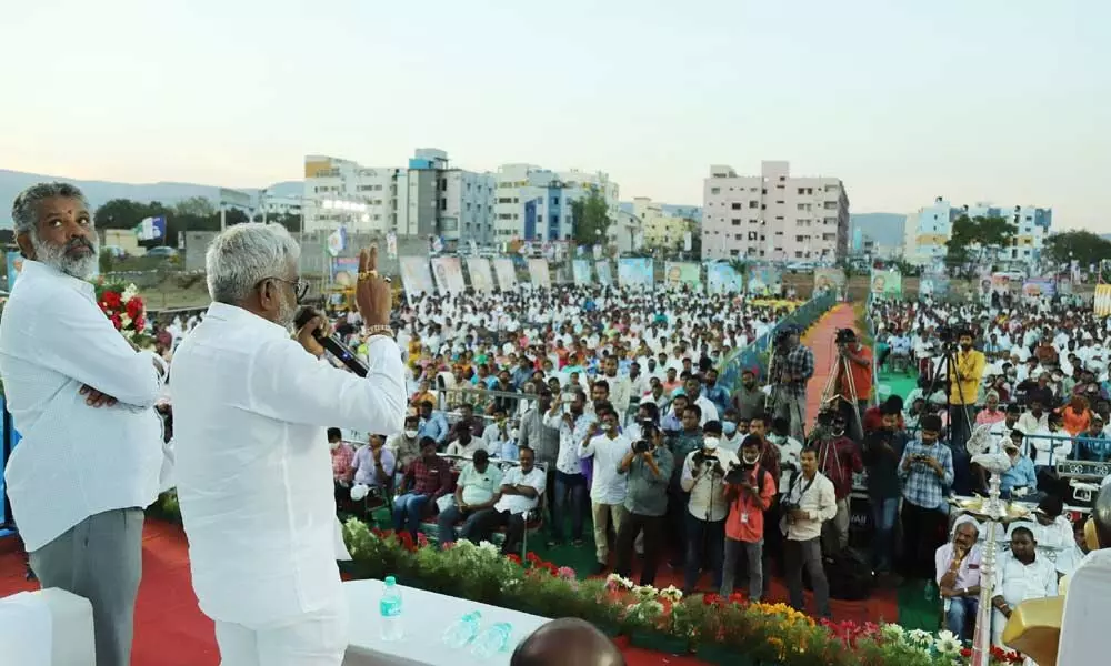 TTD Chairman Y V Subba Reddy addressing the sarpanches and ward members at  Abhinanda Sabha near Thanapalli cross in Tirupati on Friday