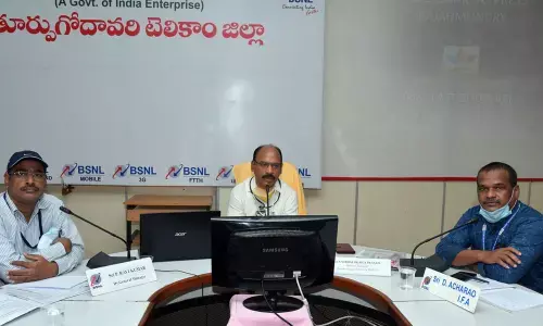 BSNL General Manager M Vittal Durga Prasad addressing media at Sanchar Bhavan in Rajamahendravaram on Friday